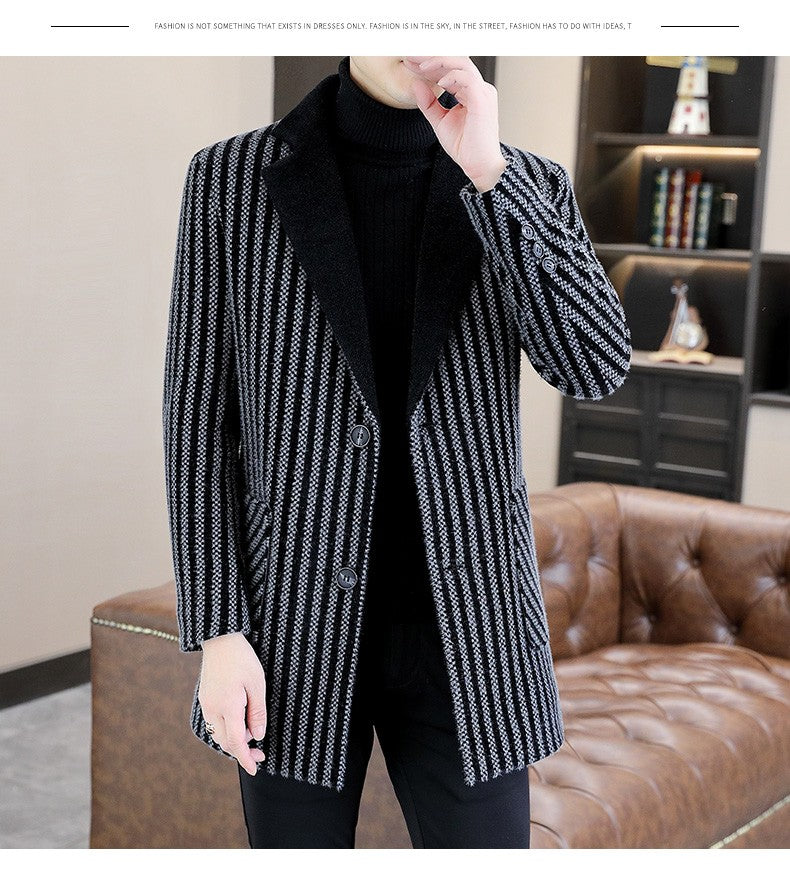 Classic Autumn Winter Men's Mid-Length Woolen Coats Casual Striped Overcoat Outwear Windbreaker Business Warm Long Jackets