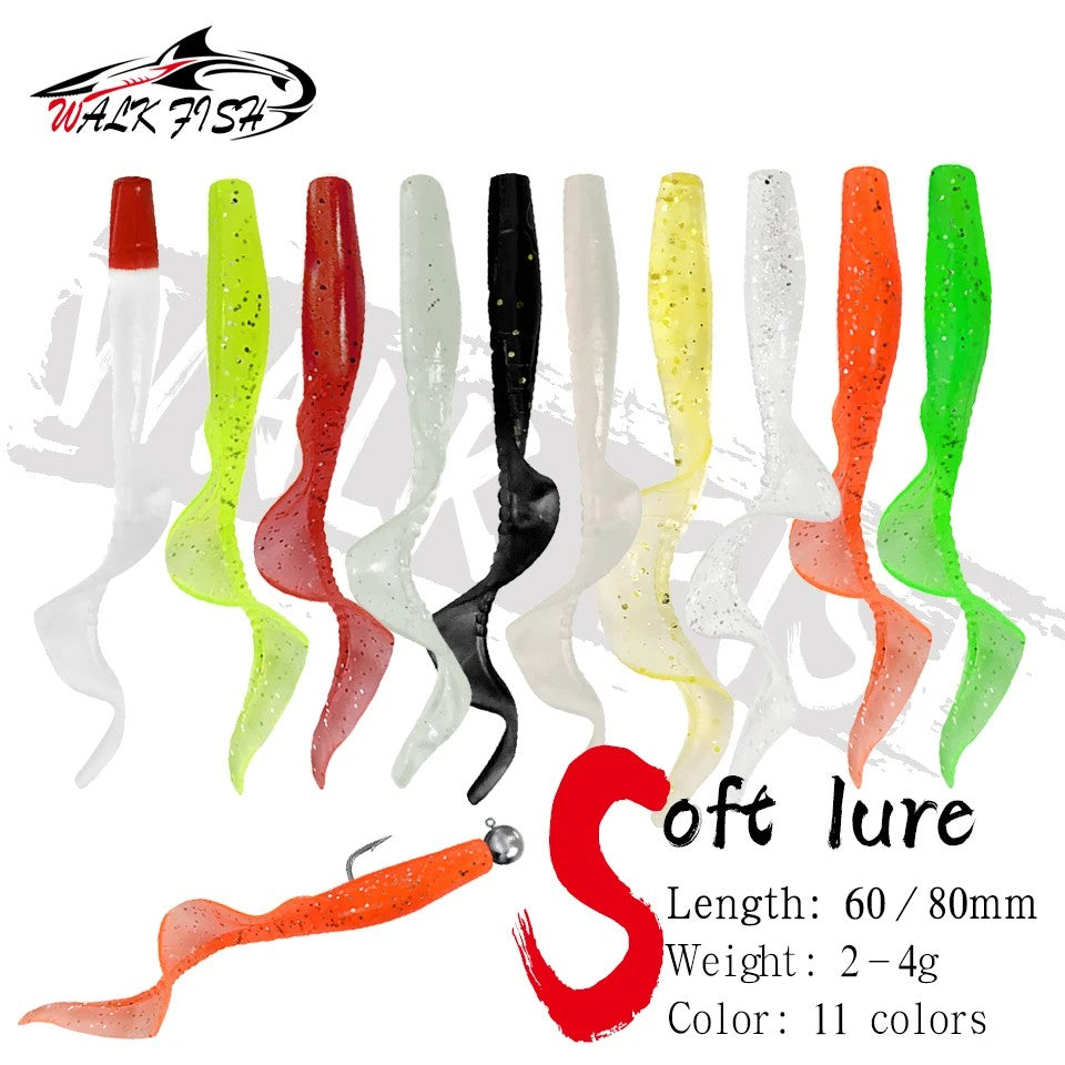 WALK FISH 10Pcs Spinpoler 60MM 80MM Iscas de Peixe Realistas Minhocas Isca de Silicone Artificial Macia Para Baixo Lúcio Isca Wobbler