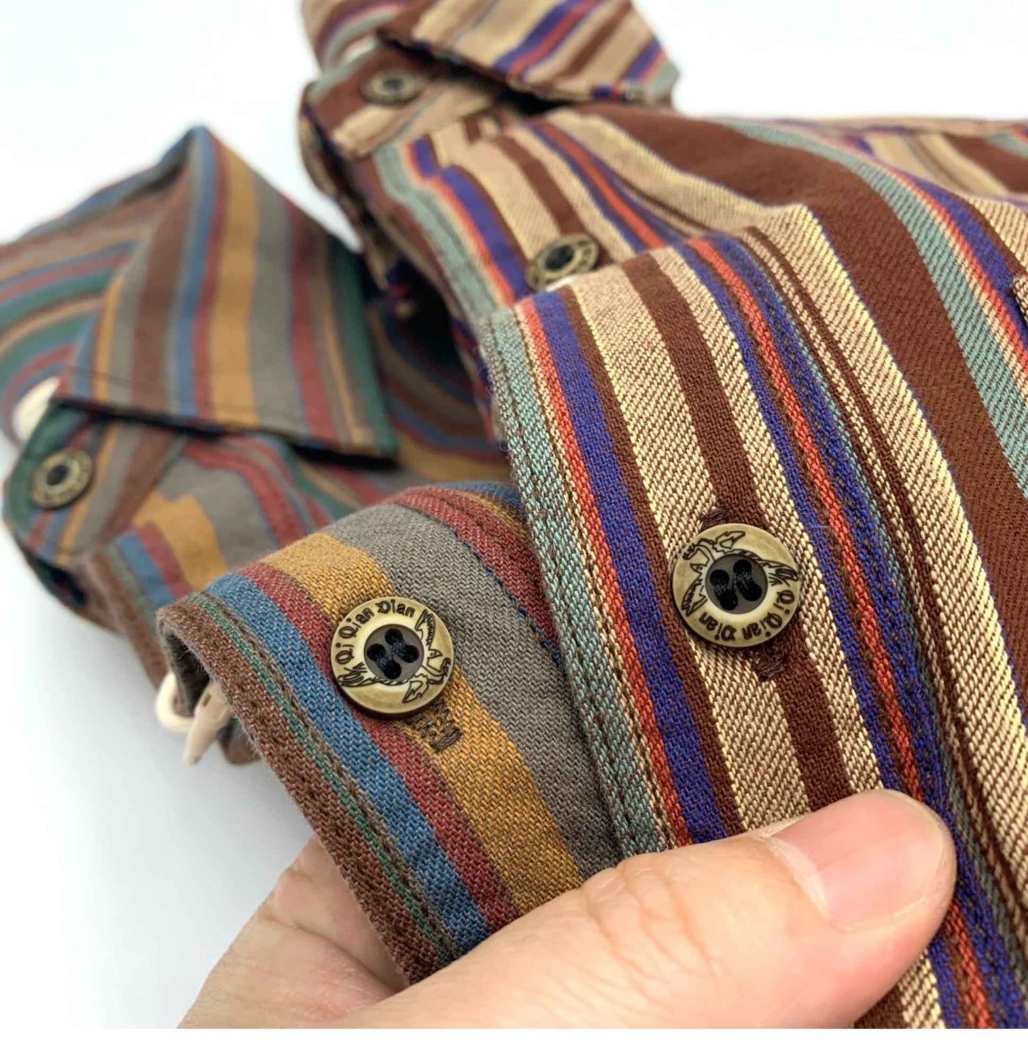 Amikaki Ethnic Style Men's Pure Cotton Colorful Stripes Shirt Loose Ancient Cargo Long Sleeved Shirt Jacket With Chest Pocket