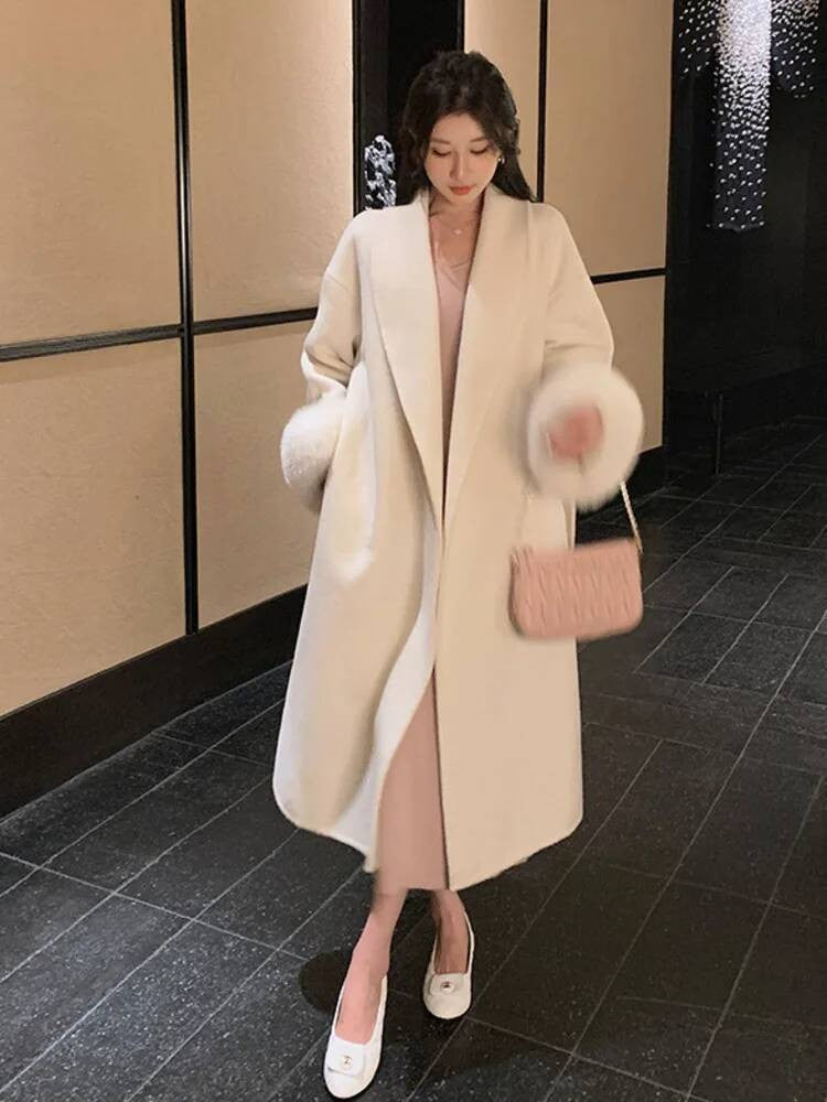 [EWQ] Wool Fox Fur Sleeve Women Coat Elegant Clothing Autumn 2025 Winter Double-sided Jacket Big Size Wine Red Overcoats 16O2751