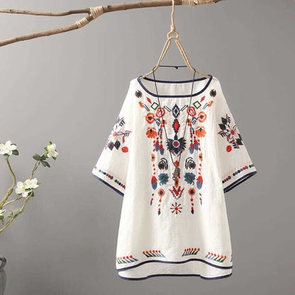 Luxury Embroidery Floral Tees Women Chinese Style Classic Loose Shirts Casual Vintage O Neck Short Sleeve Summer Blouse Tops