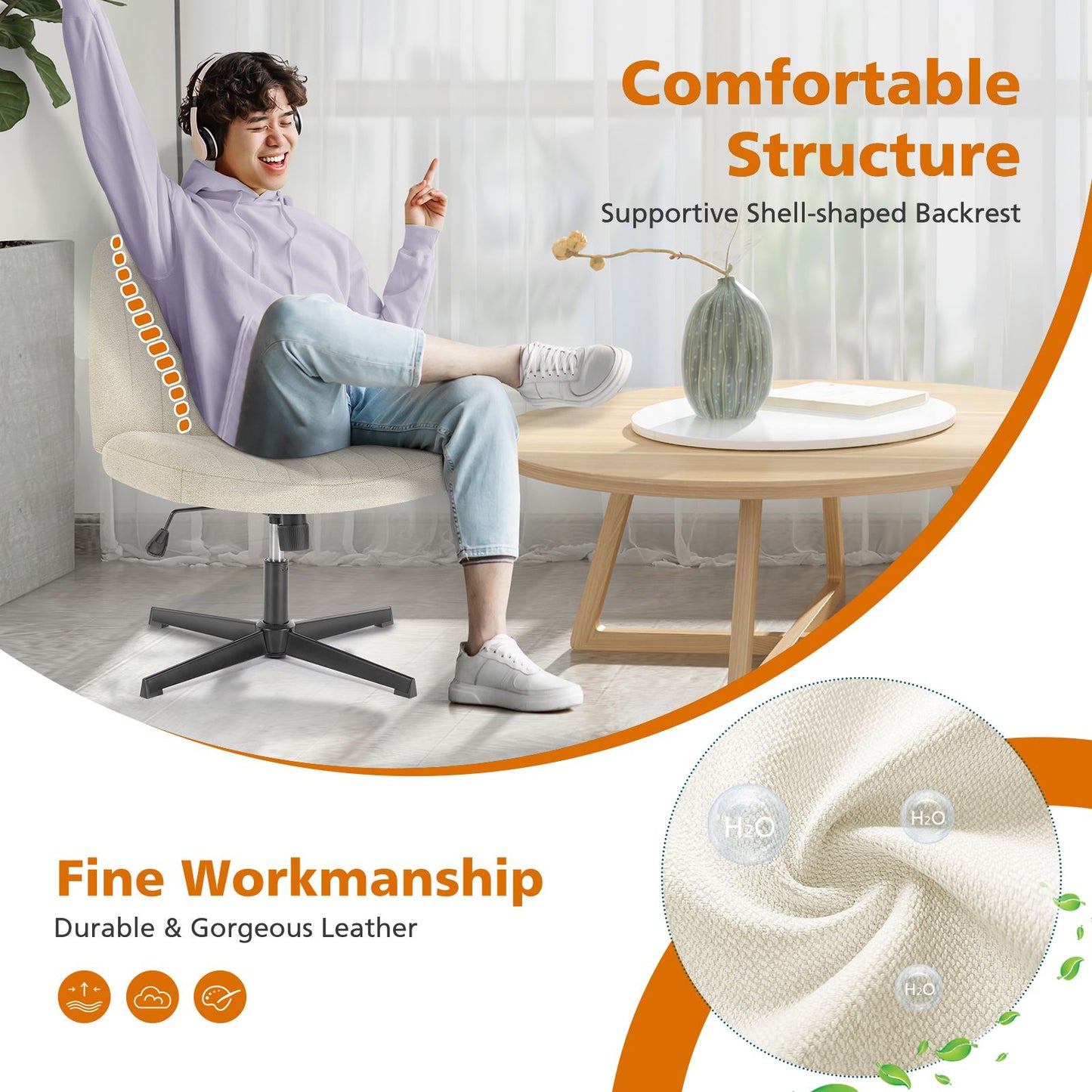 JHK Cross Legged Office Living Room Rocking Gaming Chair Armless Wide Desk Adjustable Swivel Fabric Task Vanity Home Office