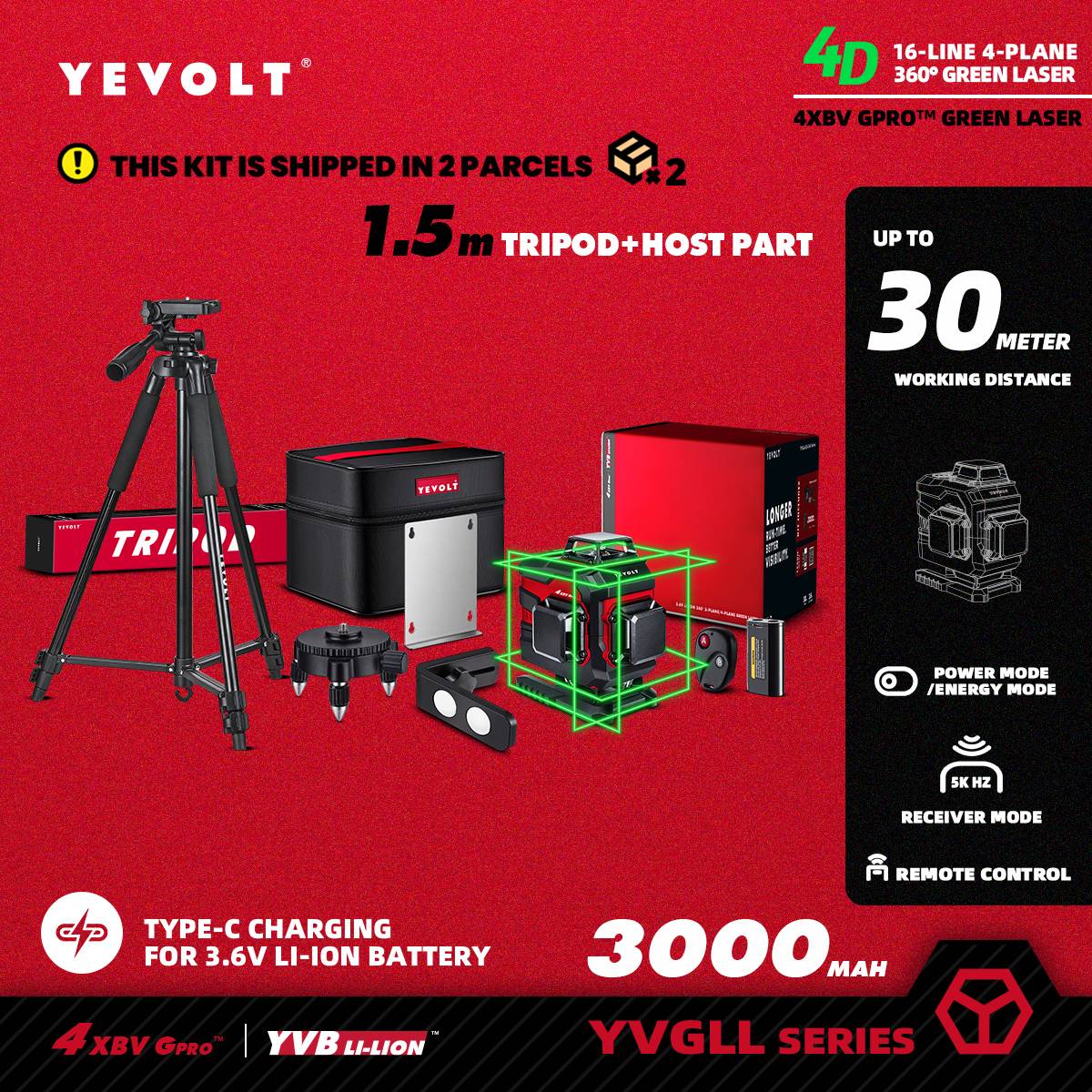 Nível a Laser Verde YEVOLT YVGLL4XS16 Series 4 Planos 16 Linhas Autonivelante 360 3D Ferramentas de Medição de Potência Horizontal e Vertical