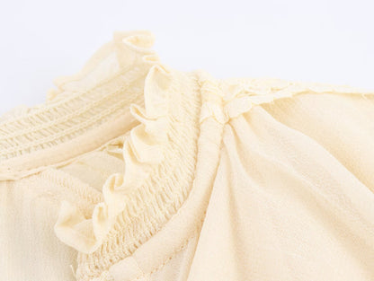 ZEAINS Beige French V-neck lace ruffle court style chiffon long sleeved shirt top for women in autumn