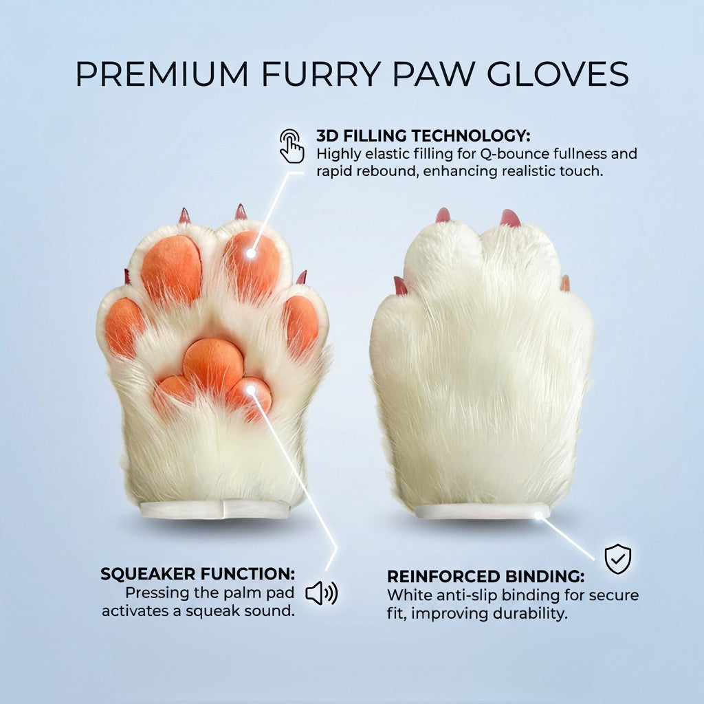 Realistic Fursuit Paws Gloves Soft Plush Furry Animal Paws with Claws for Cosplay Halloween Party Unisex Adult