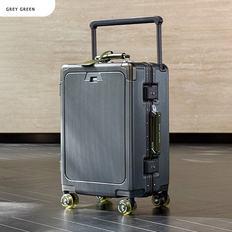 Front Opening Luggage High Quality PC Aluminium Frame Suitcase Wide Handle Carry on Travel Luggage With Laptop USB Charger Port