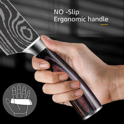 Conjunto de Facas Japonesas com Bloco e Amolador de 8 polegadas, Facas de Cozinha de Aço Damasco a Laser com Tesoura de Cozinha e Cabo de Madeira