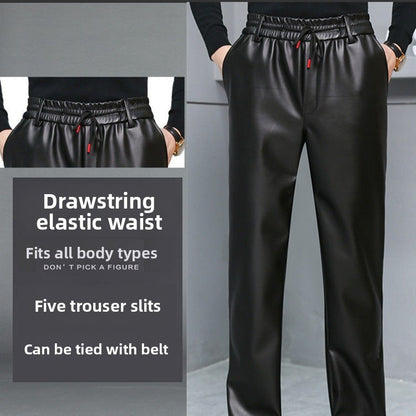 Men's Loose High-Waisted Fce-Lined Thiened Motorcycle Leather Pants Windproof Waterproof Busin Casual Long Trousers
