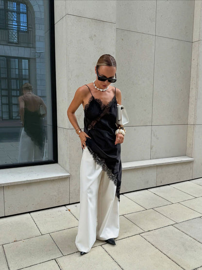 New Lace Mini Spaghetti Strap Dress For Women Irregular Backless Slit Sexy Evening Party Dress Female High Waist Bottom Dresses