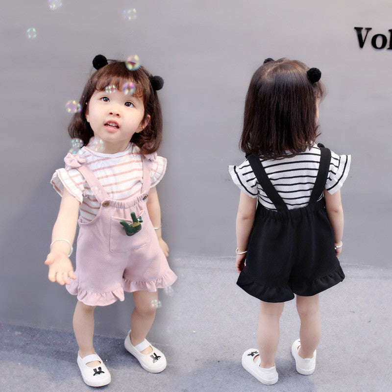 2pcs Cute Toddler Baby Girl T-shirt+Suspender Shorts Outing Clothes New Fashion Bay Sets Suits (No Shoes No Bag)