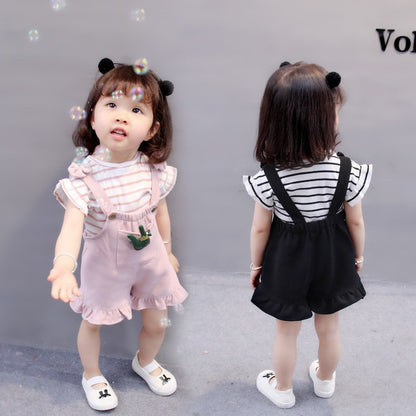 2pcs Cute Toddler Baby Girl T-shirt+Suspender Shorts Outing Clothes New Fashion Bay Sets Suits (No Shoes No Bag)