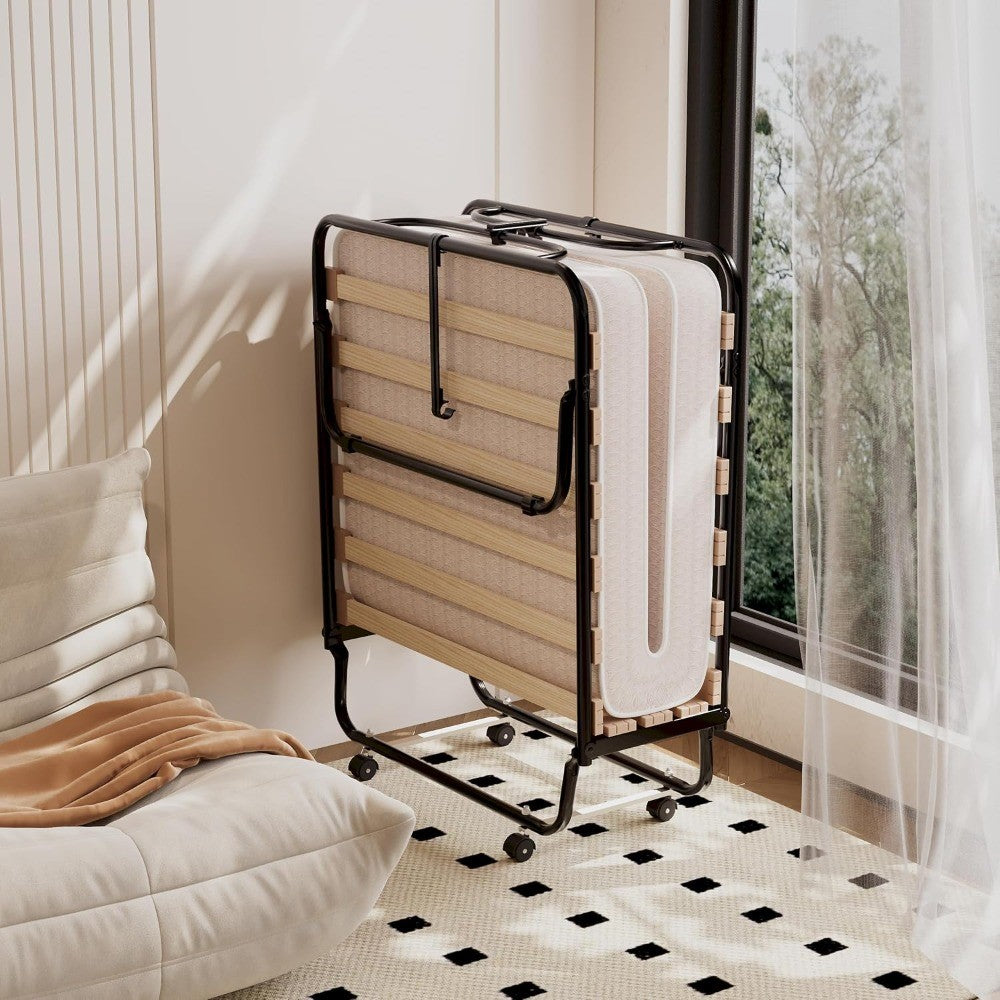 Folding Bed with Mattress, Rollaway Guest Bed w/ 4 Inch Memory Foam Mattress, Sturdy Metal Frame, Portable Bed Cot Size