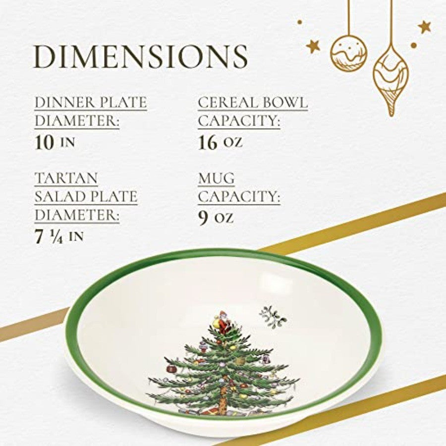 Christmas Tree 16-Piece Tartan Dinnerware Set (Service for 4) - Festive Holiday Tableware Collection with Plates, Bowls, Mugs -