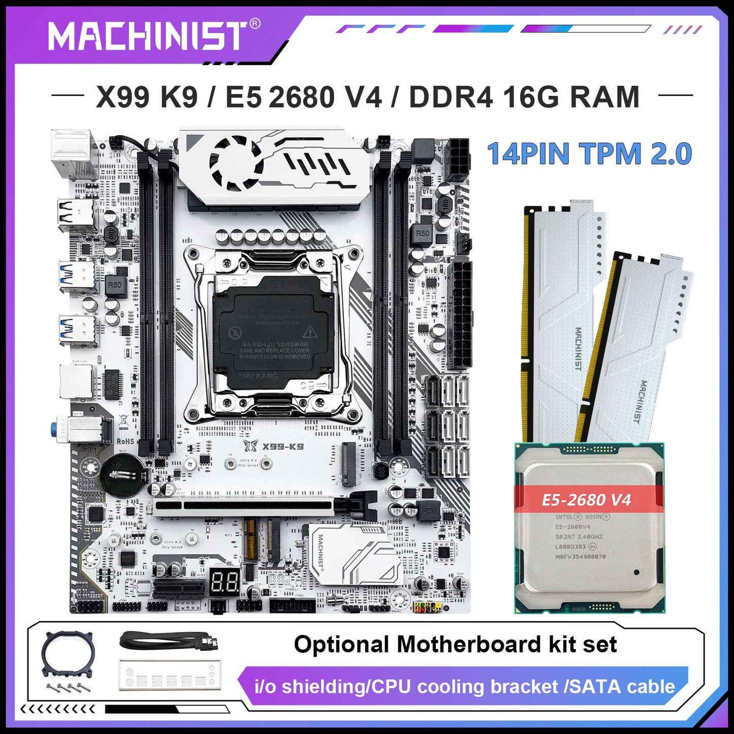Placa-mãe MAXHINIST X99 K9 TPM 2.0 LGA 2011-3 Xeon E5 2680 V4 CPU 16GB 2666MHz DDR4 RAM Opções de kit de memória de quatro canais