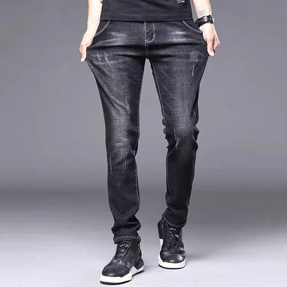 Men's Stylish Classic Business Casual Jeans Four Seasons Wear Black Blue Pants Middle-waist Leggings Denim Fabric Trousers Male
