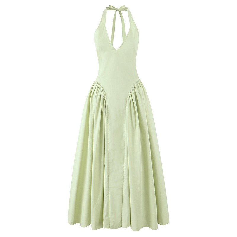 YENKYE Sexy Backless Green Elegant Halter Dress For Women Low Waist A-line Midi