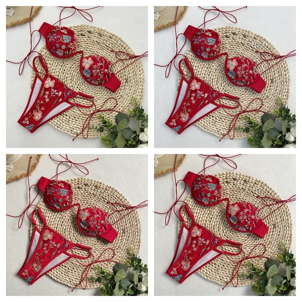 DEBAIOR 2025 Women Bikini Set Floral Embroidery Lingerie Set Women Sheer 2-Piece Boho Bra + Panty Underwear Set Intimates
