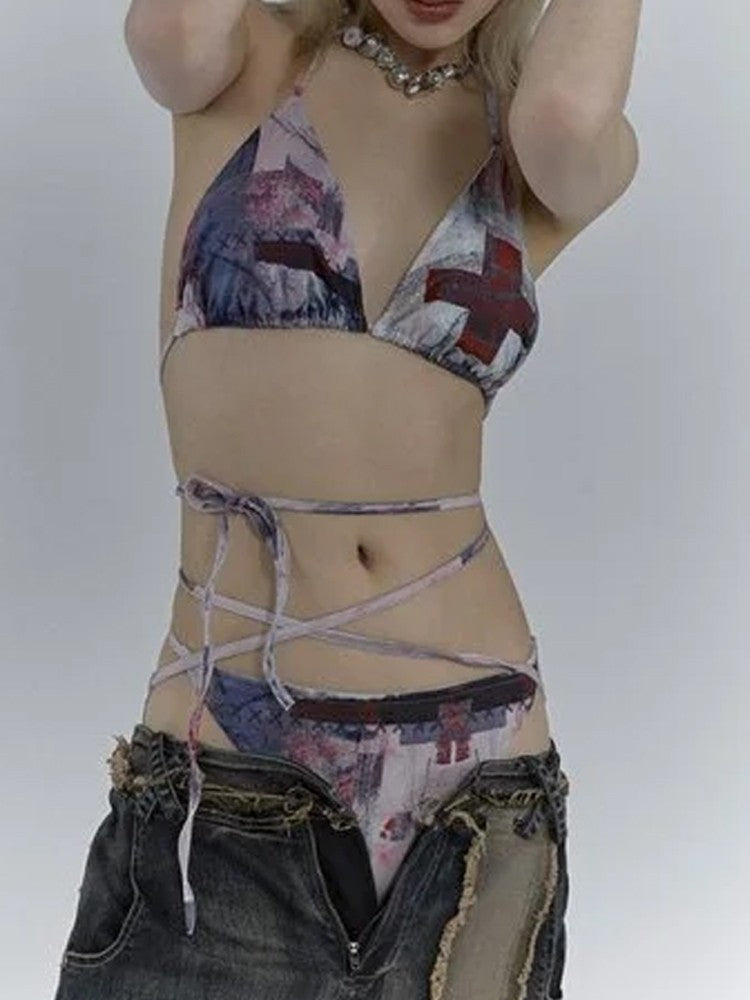 Y2k subculture retro millennium girls style hanging neck suspender bikini set summer beach kawaii classic comfortable bikini set