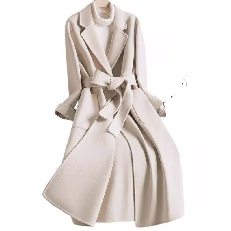 Novo estilo de casaco feminino de lã bege slim fit para outono e inverno, moda japonesa e coreana