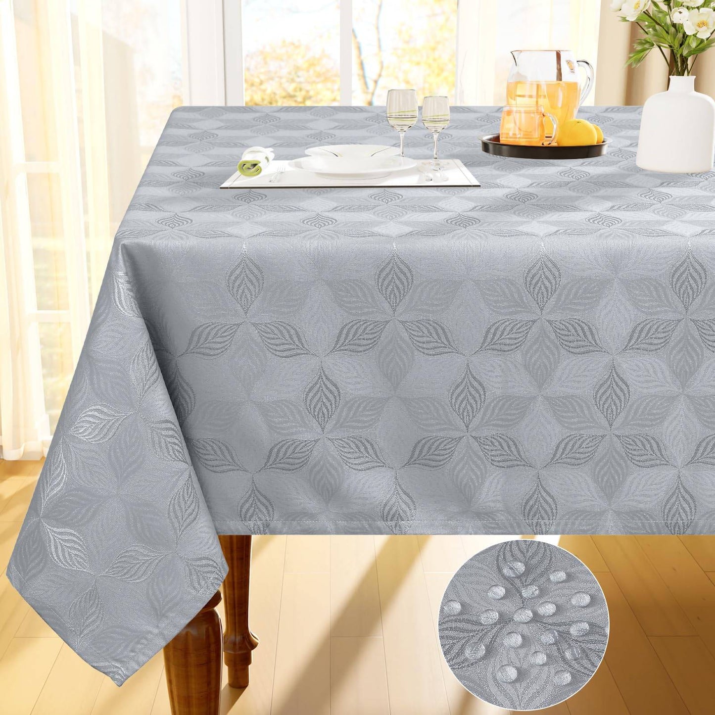 Olanly Rectangle Table Cloth For Home Jacquard Dyeing Tablecloth For Banquet Party Leaf Flower Diagram Polyester Tablecloth Grey