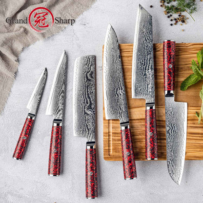 Grandsharp 1-6 Peças Conjunto de Facas de Cozinha 67 Camadas de Aço Damasco com Pó S35VN Faca Afiada de Chef Nakiri para Descascar Utensílios de Cozinha