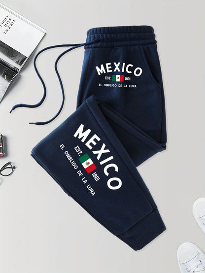 Calça de Moletom Masculina com Bolso Estampada México e Bandeira Outono Elástico na Cintura Calças Confortáveis de Rua Calça de Jogging Básica Longa