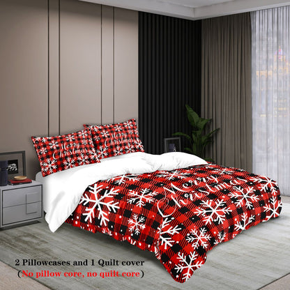 3-piece Christmas themed red checkered Christmas Happy English pattern print (1 duvet cover+2 pillowcases, no core) bedding set