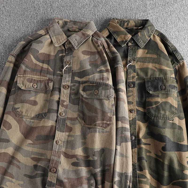 May Khaki wash vintage thick woven cotton cargo long sleeve shirt men's autumn and winter casual shirt coat