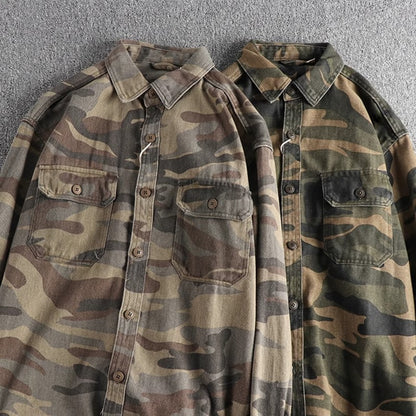 May Khaki wash vintage thick woven cotton cargo long sleeve shirt men's autumn and winter casual shirt coat