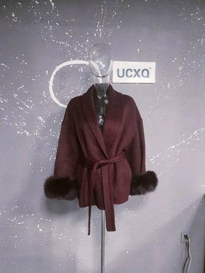 UCXQ Casaco Feminino Elegante OL para Escritório com Retalhos de Pelo Manga Comprida Lã Jaqueta de Roupa Feminina Bonita Outono Inverno 2025