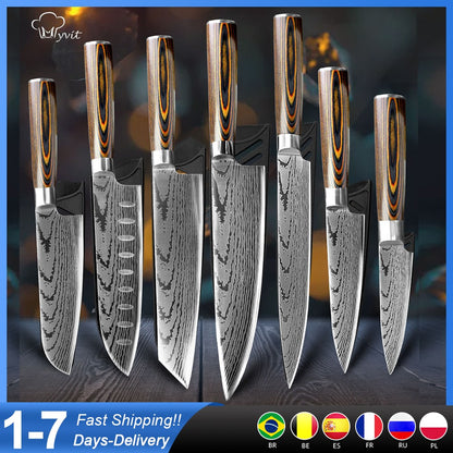 Conjunto de Facas de Cozinha 1-7PÇS Faca de Chef Japonesa Santoku 7CR17 Aço Inoxidável 440C Faca de Imitação de Damasco Cutelo de Carne Fatiador