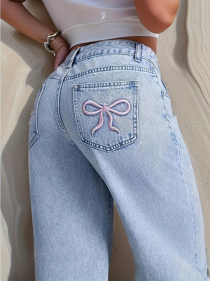 Teenage girls' casual, simple, cute, sweet and elegant pocket design, pink bow embroidered washed jeans, suitable for vacation,