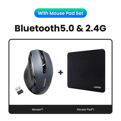 Mouse sem fio UGREEN Bluetooth 5.0 Mouse ergonômico 4000DPI 6 botões silenciosos Mouse para MacBook Tablet Laptops Computador PC 2.4G