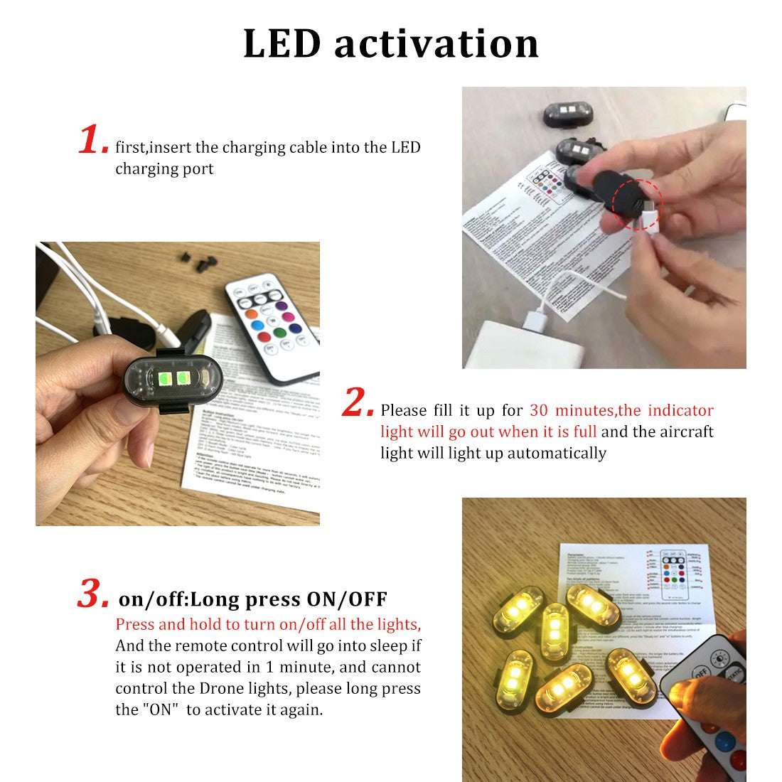 4 luzes estroboscópicas de LED coloridas sem fio com controle remoto, luzes de LED com carregamento USB, 8 cores, luzes de advertência anticolisão