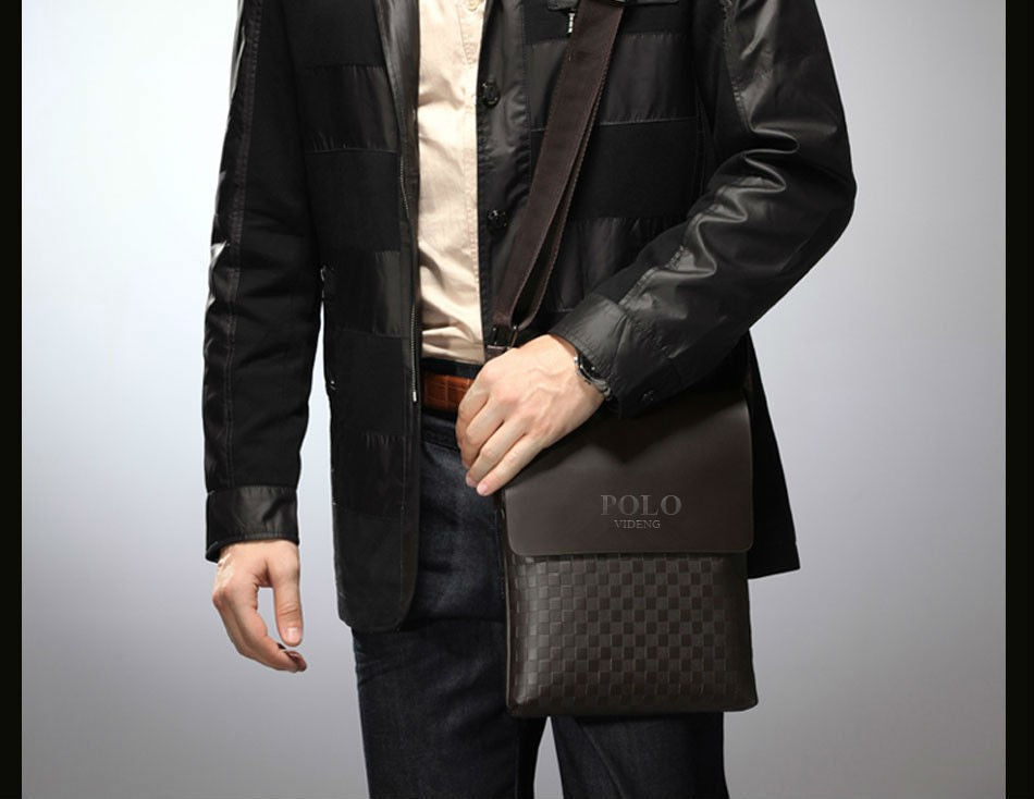 New Men's Single Shoulder Crossbody Bag with Trendy Checkerboard Pattern Embossed Casual Business Bag with Diamond Pattern