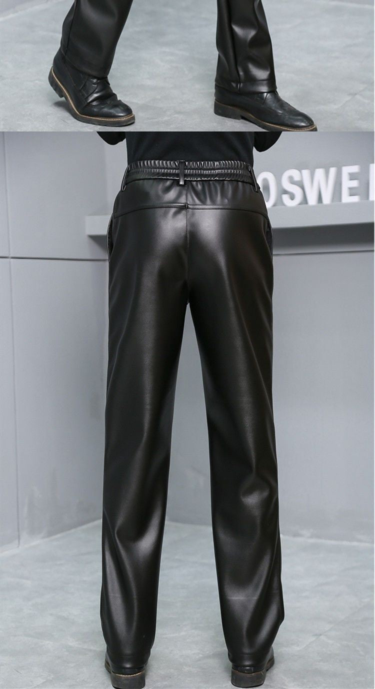 Men's Loose High-Waisted Fce-Lined Thiened Motorcycle Leather Pants Windproof Waterproof Busin Casual Long Trousers