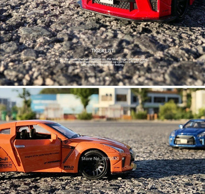 1/32 Escala Liga Fundida Nissan GTR Carro Esportivo Modelo Brinquedo Portas Abertas Fricção Som Música Veículo em Miniatura Presentes para Crianças Coleção