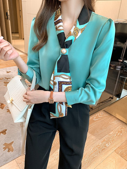 H Han Queen Spring Chiffon Simple Office Lady Blouse Female Shirt Bow Tops Long Sleeve Casual Korean OL Loose Blouses Women