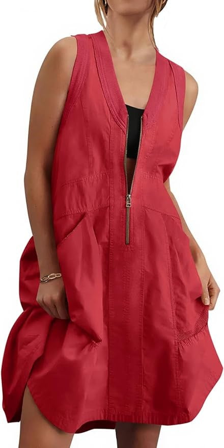 Fisoew Women's Sleeveless Mini Dress Half Zip V Neck Casual Mesh Back Summer Dress with Pockets sexy dress