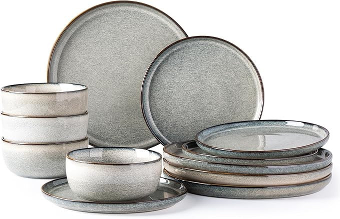 Ceramic Tableware Set for 4, 12-piece Ceramic Plate and Bowl Set, Scratch-resistant Tableware, Dishwasher-safe