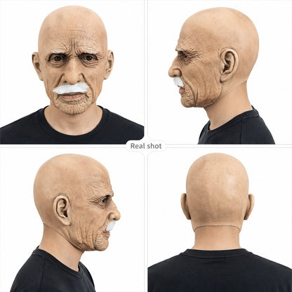 Realistic Full Head Latex Mask with Beard for Men Halloween Costume Party Prop Old Man Cosplay Headgear