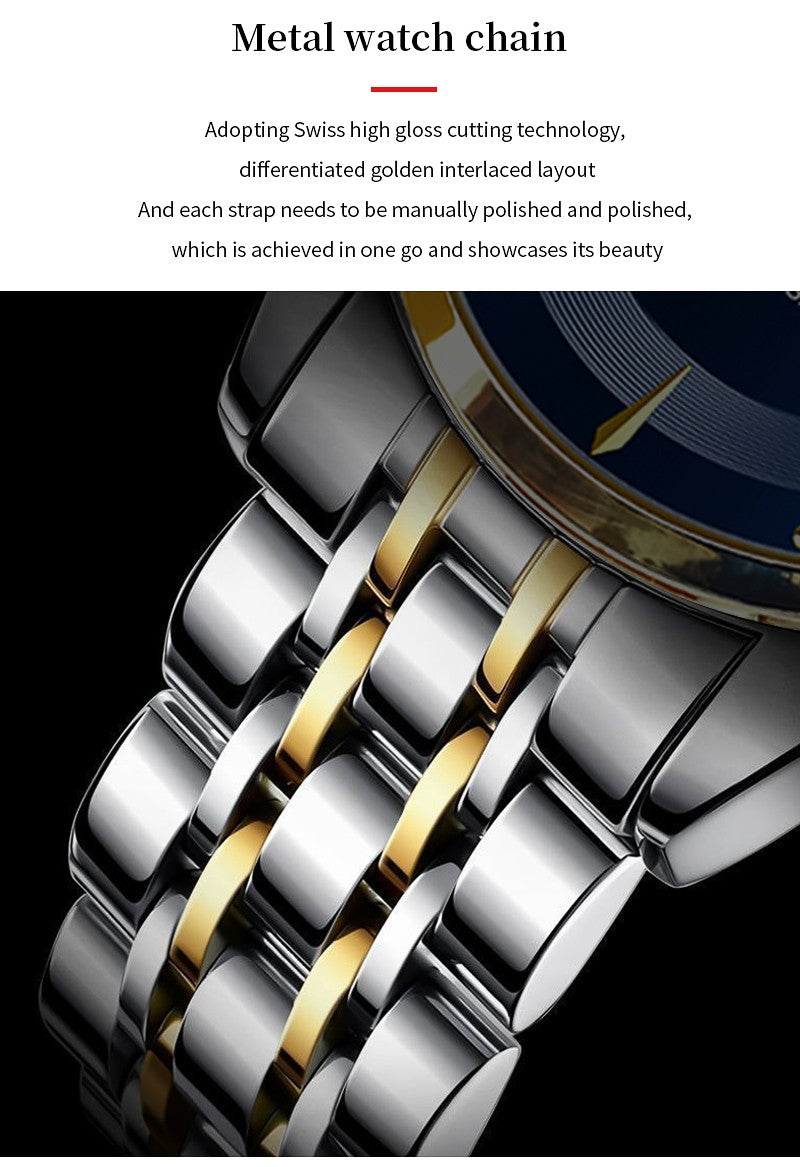 2024 New Men Watch Stainless Steel Business Style Luxury Rhinestone 43mm Blue Gold Quartz Movement Wristwatch Relogios Masculino