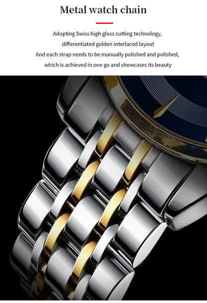 2024 New Men Watch Stainless Steel Business Style Luxury Rhinestone 43mm Blue Gold Quartz Movement Wristwatch Relogios Masculino