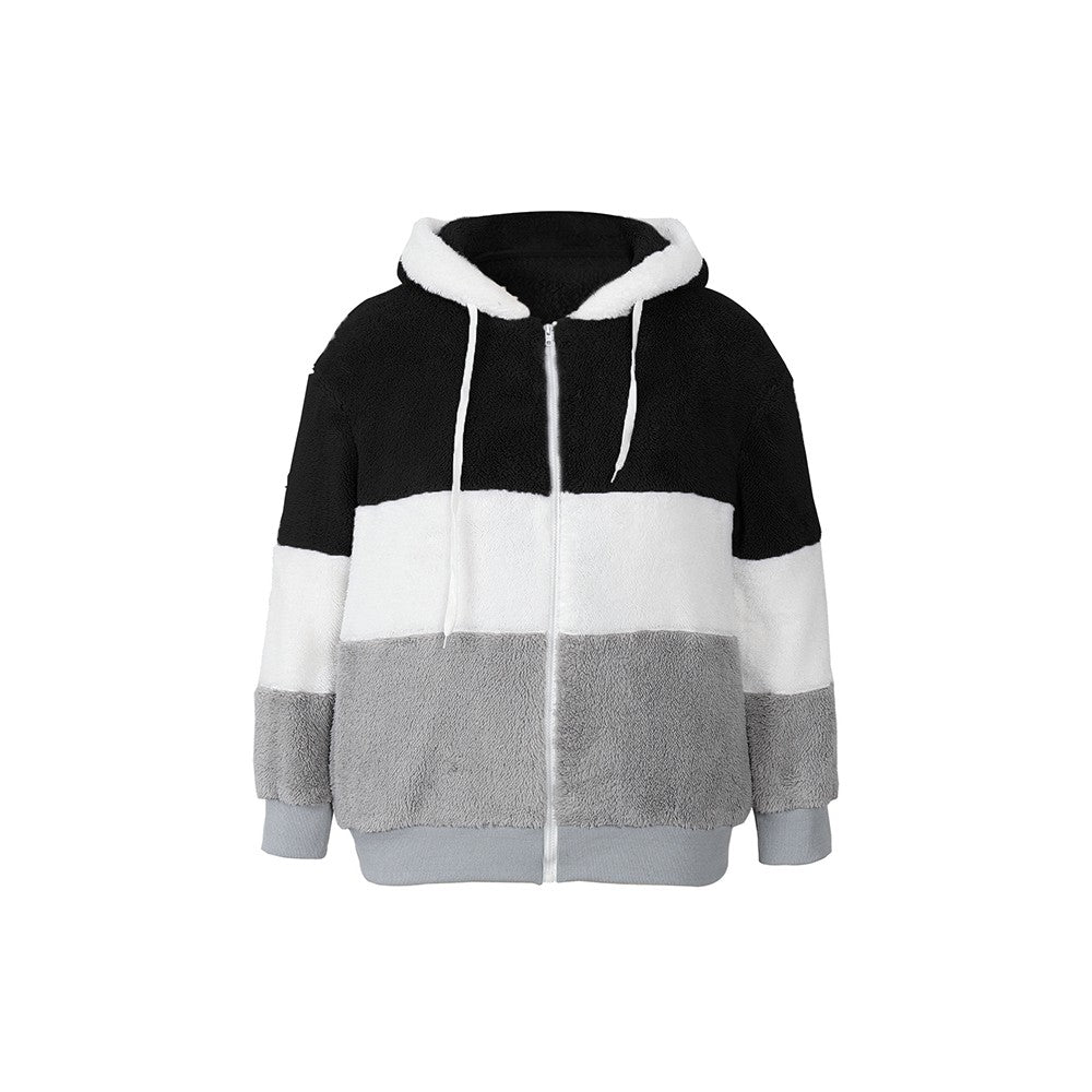Plus Size Autumn/Winter New Arrivals Women's Autumn/Winter Drop-Shoulder Long-Sleeved Colour-Block Patchwork Fleece Hooded Jacke