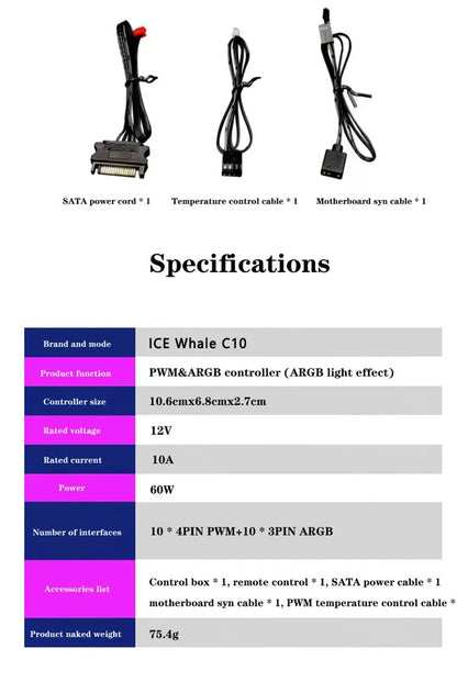 ICE Whale C10 1 to 10 PWM&ARGB Case Fan Hub Splitter 4Pin PWM 3Pin ARGB SATA Power Interface With Remote Control