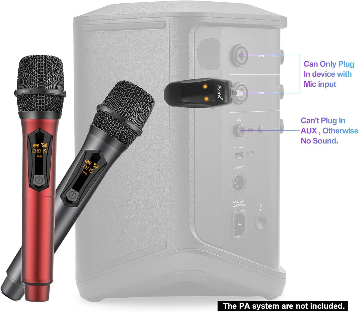 Microfone Sem Fio Aveek para Alto-falante e Máquina de Karaokê, Microfone de Karaokê Recarregável de 2.4GHz (Funciona por 10h), para Festas, 2 Pacotes