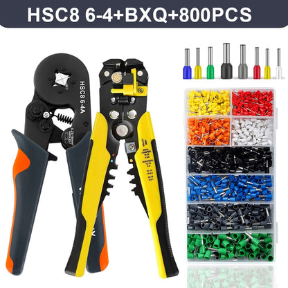 Alicate Desencapador e Crimpador Autorregulável, Kit de Ferramentas de Crimpagem de Terminais Autorregulável Hexagonal Tipo Catraca com Terminais de Fio