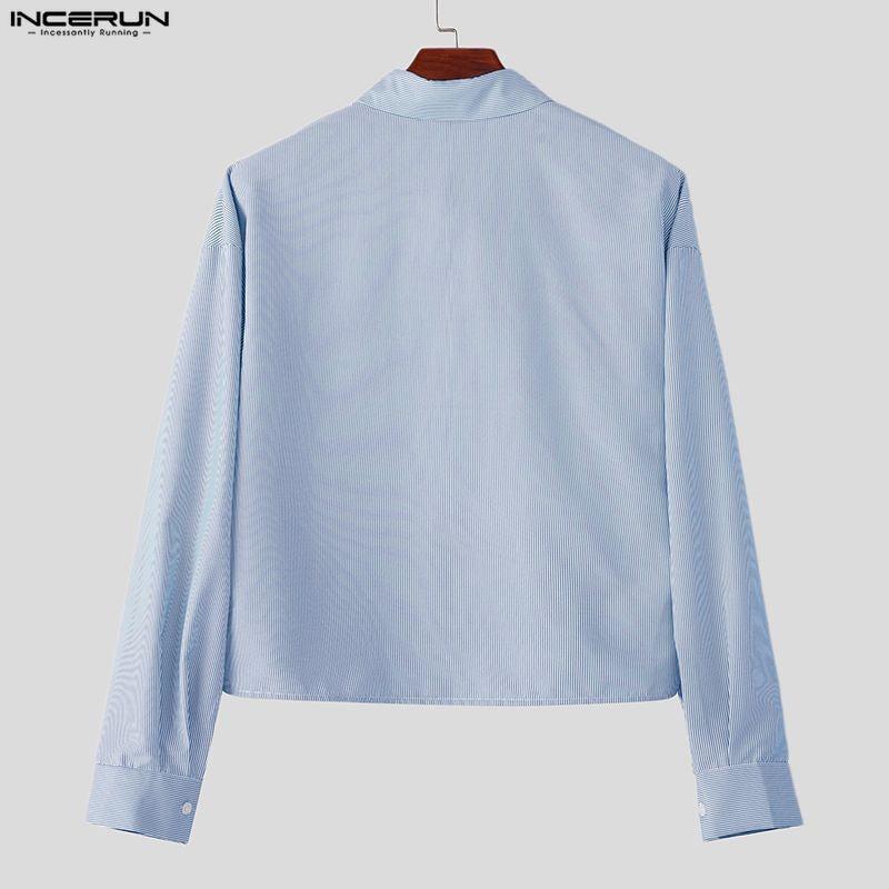 INCERUN Men Shirt Striped Lapel Long Sleeve Loose Casual Men Clothing Streetwear 2025 Korean Style Fashion Crop Tops Men