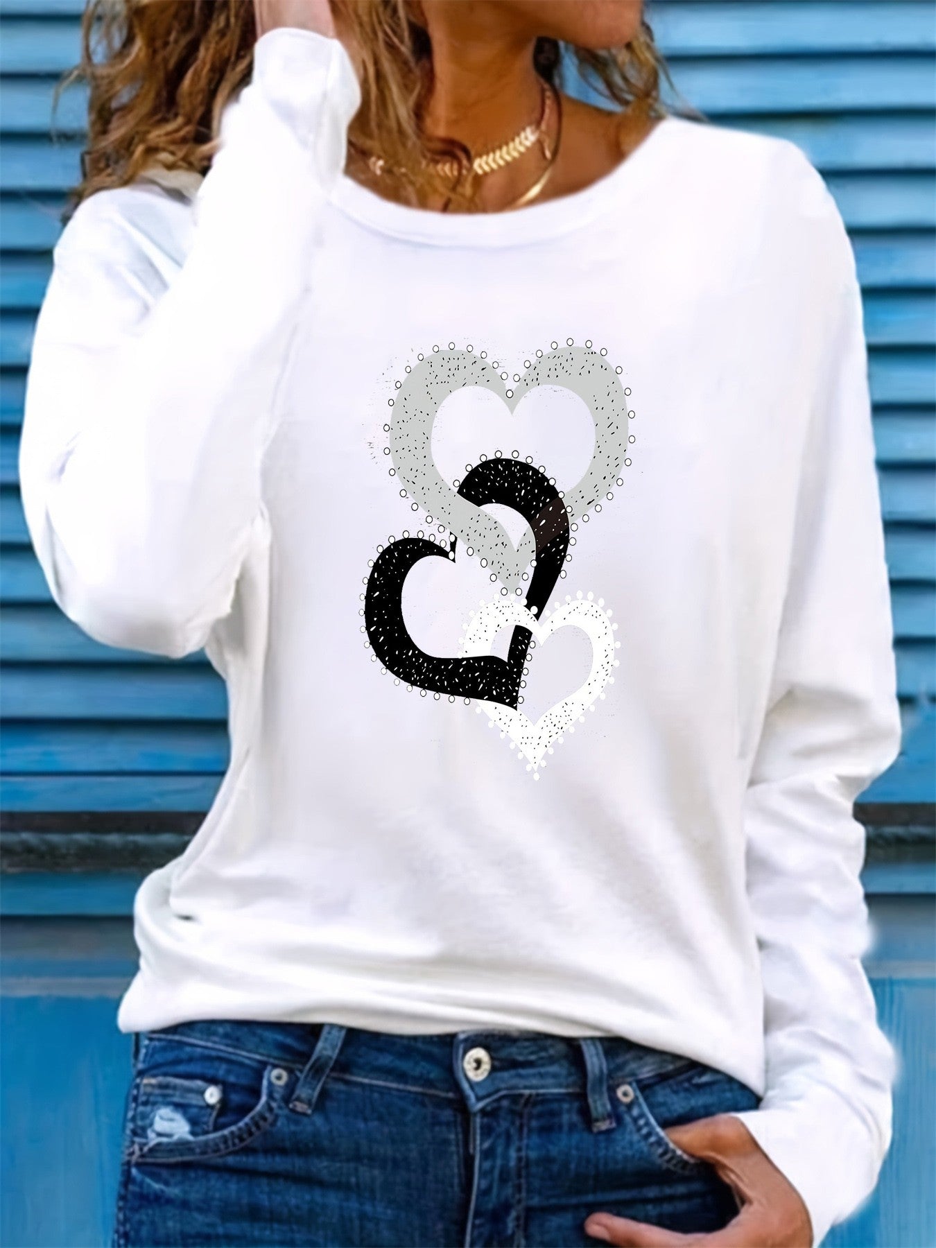 100% pure cotton women's spring and autumn loose comfortable casual heart-shaped graphic printed long sleeved round neck T-shirt