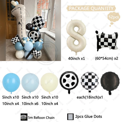 52Pcs Race Car Theme Balloon Set Blue Black Latex Balloons Checkered Flag Birthday Party Baby Shower Decor